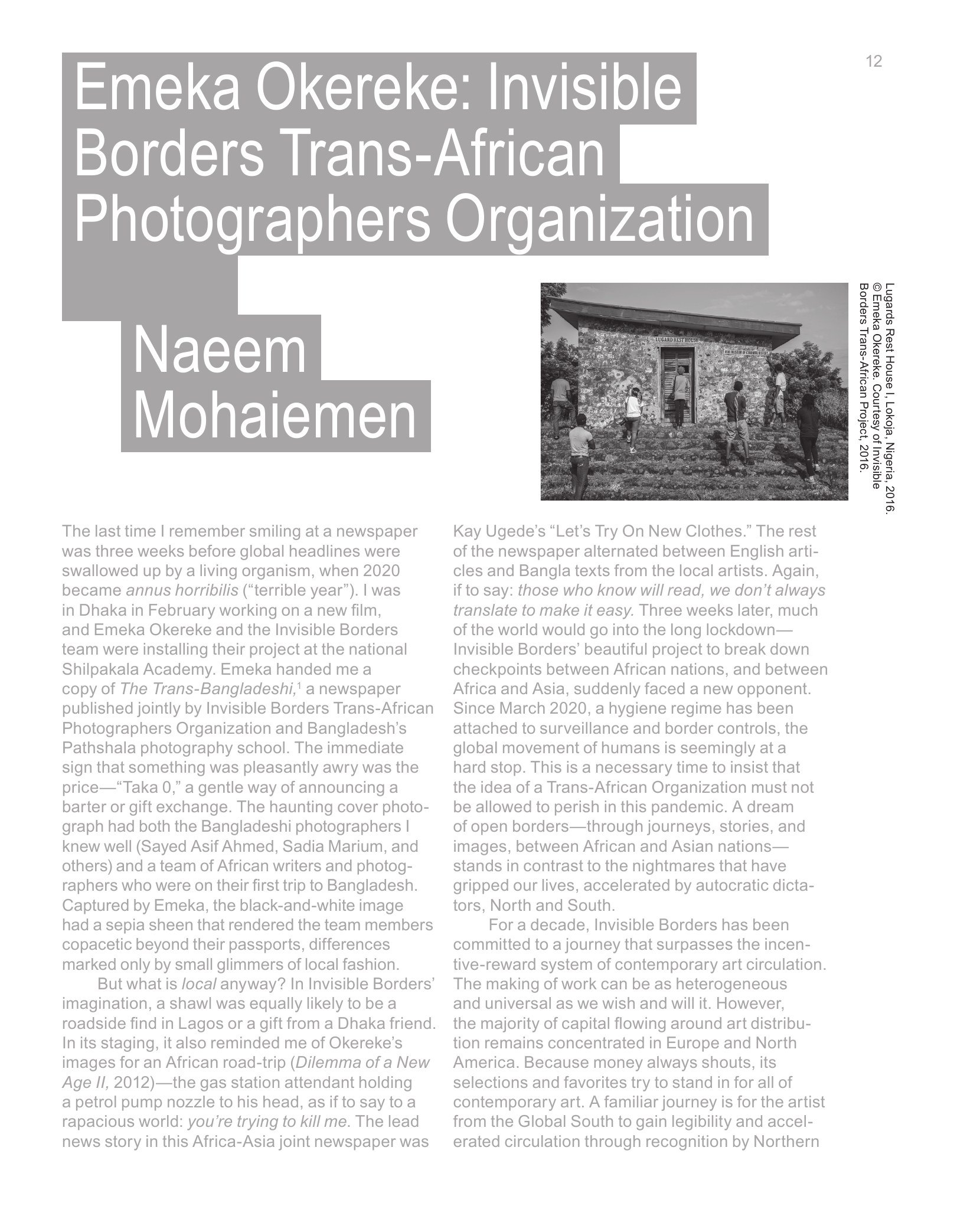 First page of Naeem Mohaiemen’s nomination statement, set in two columns beside a photograph of Lugard’s Rest House, Lokoja.