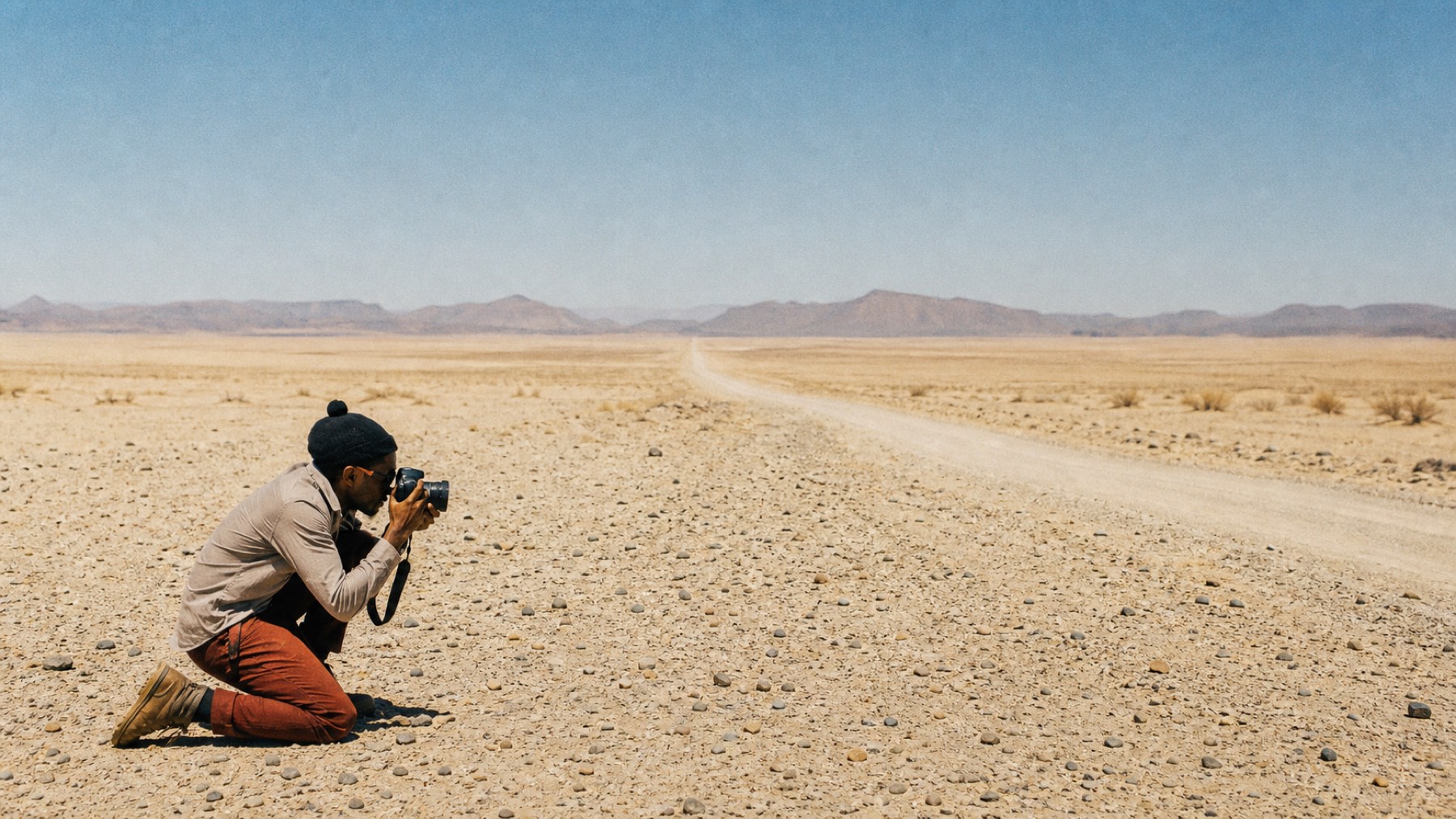 A photographer kneeling to make a picture on a desert road.